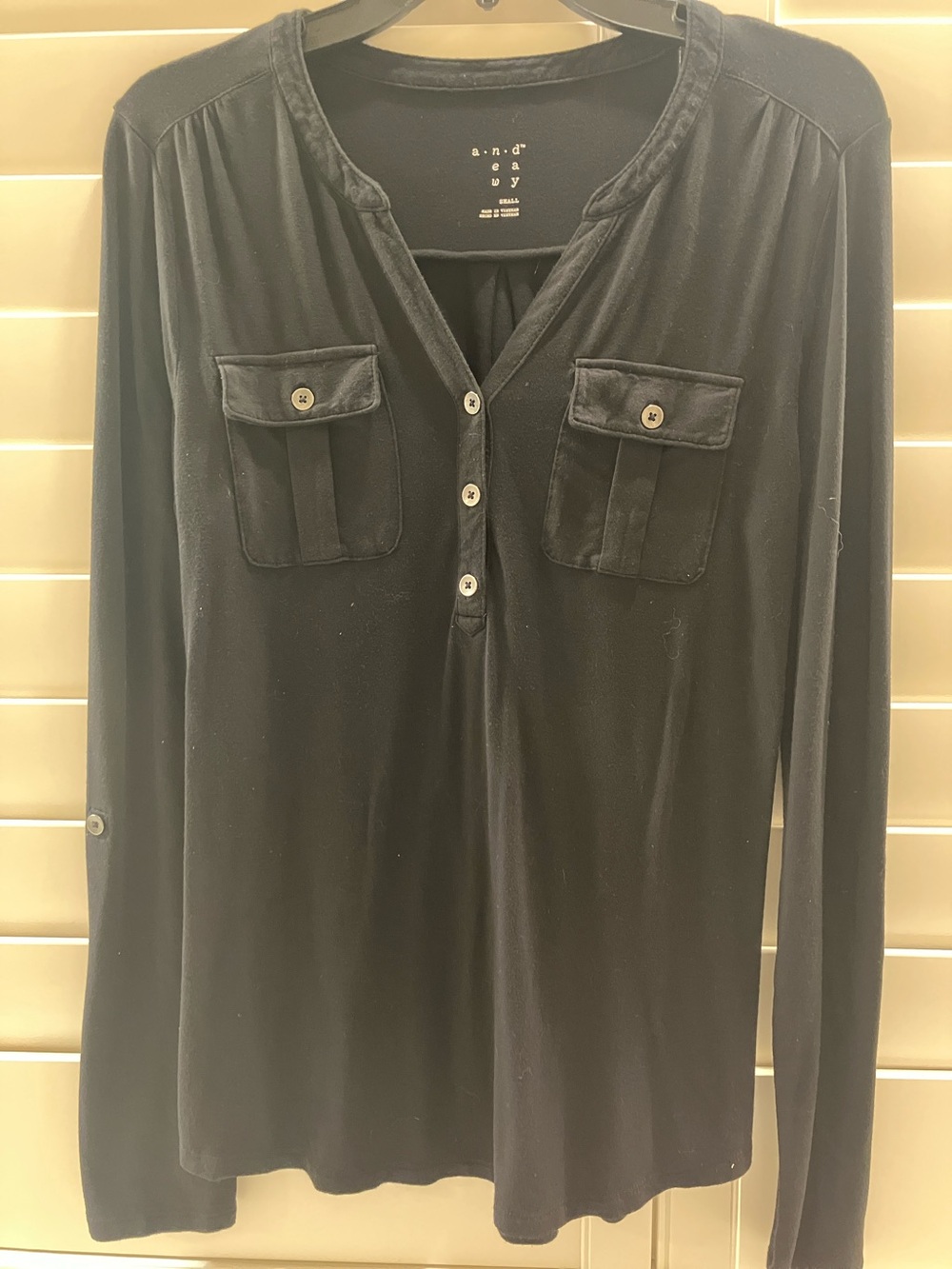 A New Day Black Long Sleeve Henley with Chest Pockets